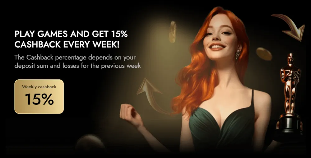 Banner promozionale cashback settimanale del 15% con statua di Oscar